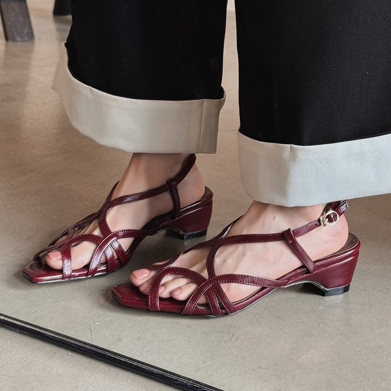 Karin Luna French Hollow Style Small Square Toe Chunky Heel Sandals