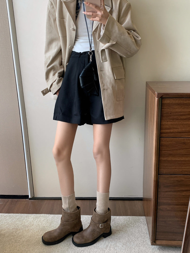 Karin Luna In Stock Spot Goods Versatile Basic Round Toe Belt Buckle Thick Sole Tube Boots