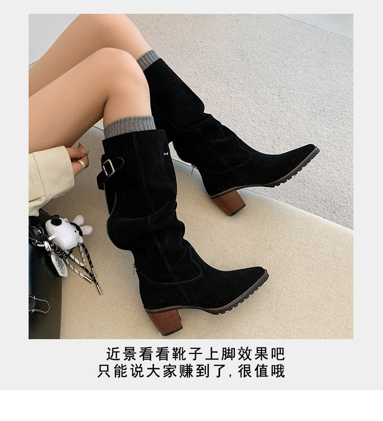 Karin Luna In Stock Spot Goods Retro Cowhide Leather Chunky Heel Suede Long Boots
