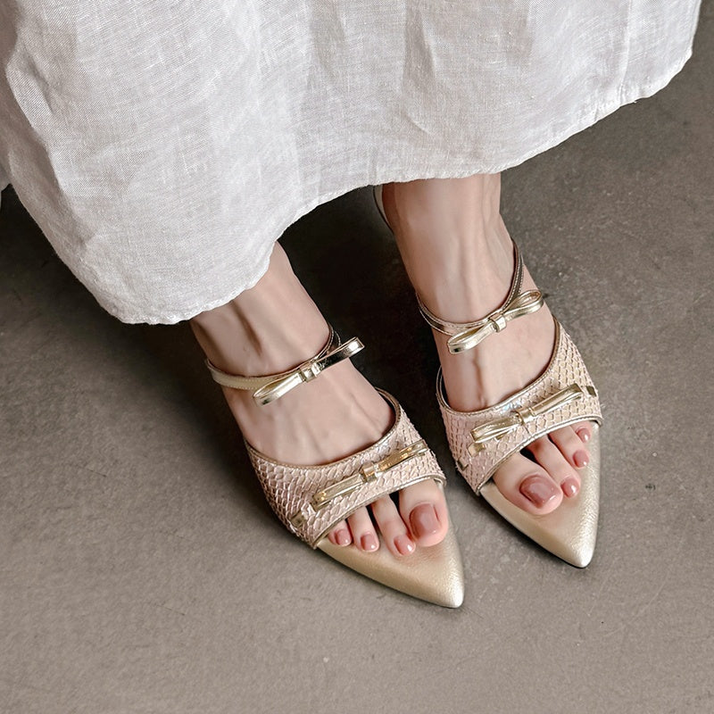 Karin Luna Fish Skin Series~Pointed Toe Irregular Heel Bowknot Strap Slippers
