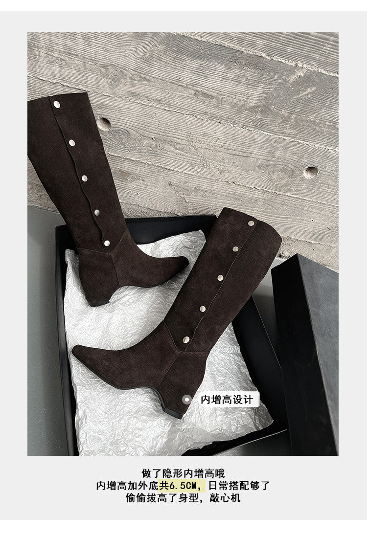 Karin Luna Bestseller Hot-Selling Hidden Buckle Lazy Style Square-Toe Height-Increasing Suede Western Boots