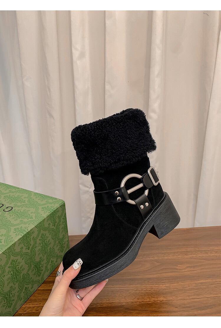 Karin Luna Genuine Lamb Wool and Cowhide Leather Hot-selling Metal Buckle Round Toe Chunky Heel Main Push Main Push