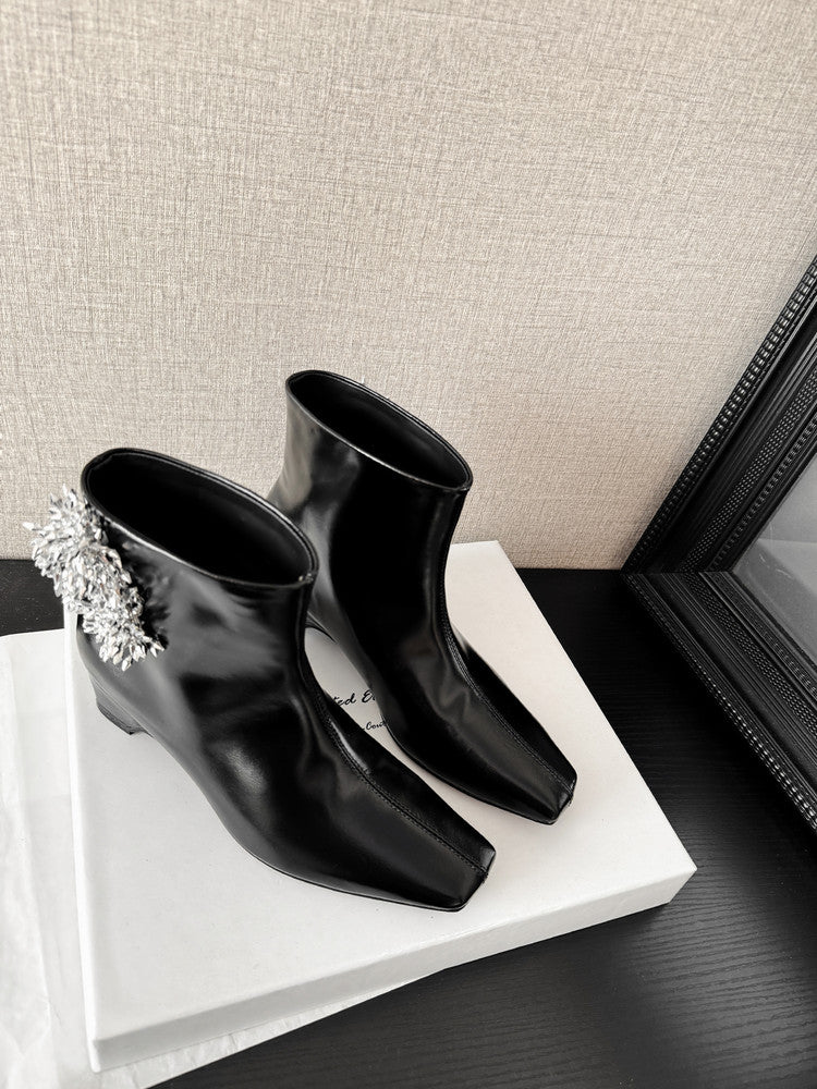 Karin Luna Elegant Style Square Toe Flower Design Height Increasing Short Boots with Two Front and Back Options