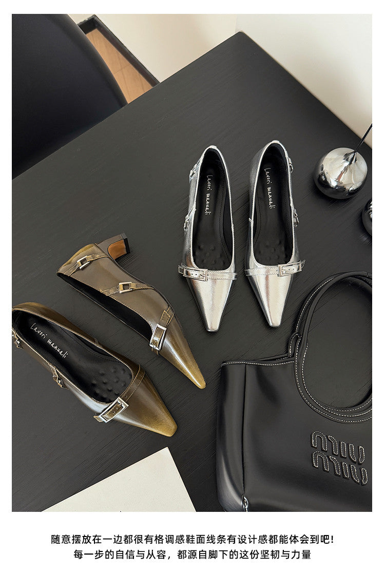Karin Luna In Stock In Stock Retro Belt Buckle Small Square Toe Chunky Heel Single Shoes
