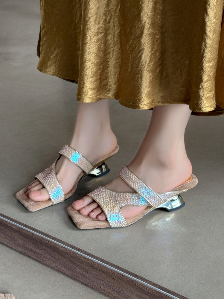Karin Luna Fish Skin Series~Minimalist Square Toe Popular Irregular Heel Slippers