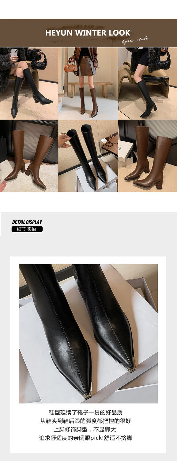 Karin Luna In Stock  In Stock Elegant Metal Pointed Toe Chunky Heel Full Cowhide Leather Riding Boots