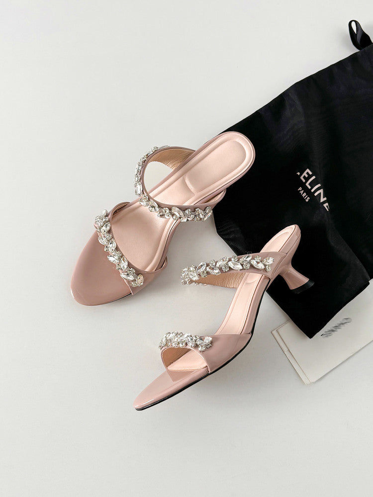Karin Luna Exquisite Round Toe One-Strap Rhinestone Thin Heel Slippers