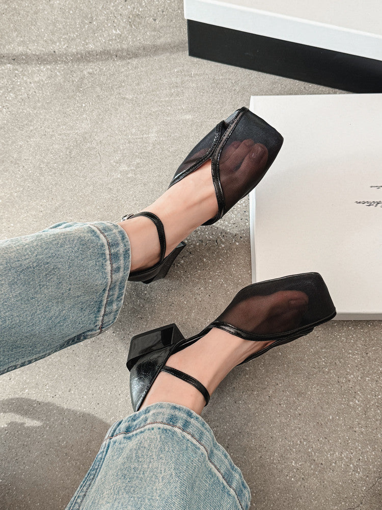 Karin Luna In Stock In Stock  Internet Celebrity Style Square Toe Mesh Chunky Heel Sandals