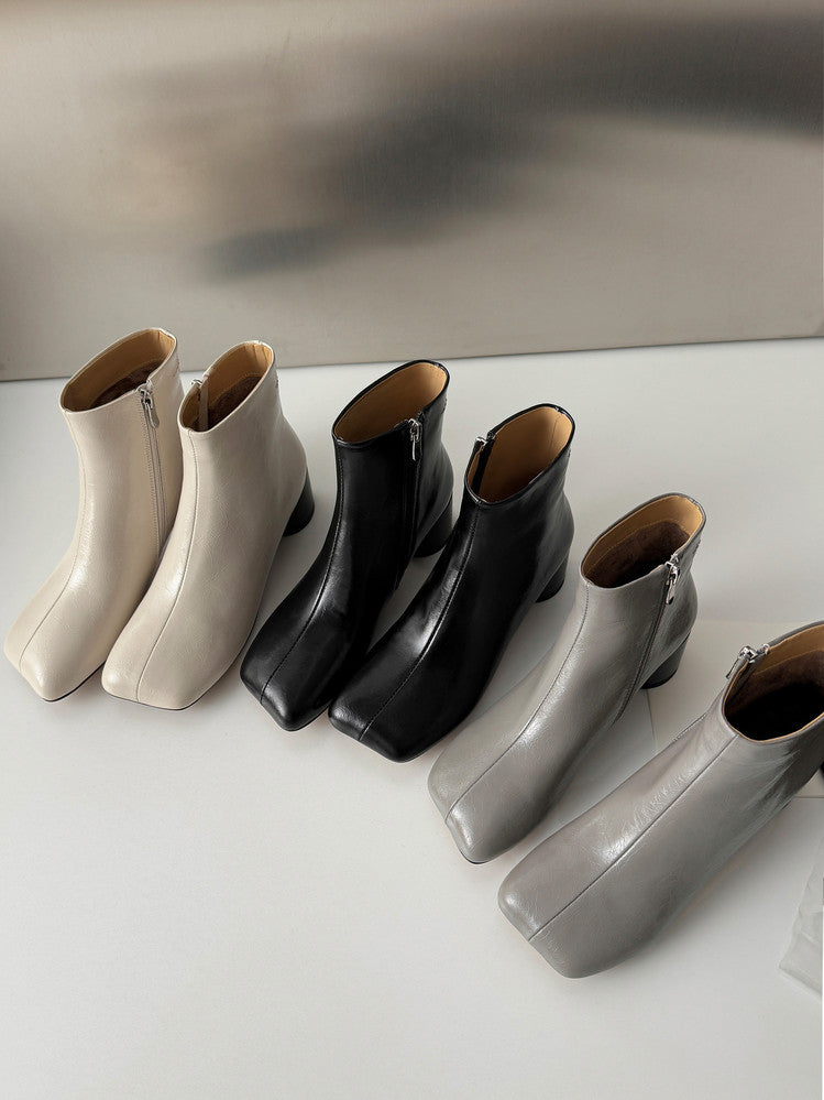 Karin Luna French Style Square Toe Chunky Heel Ankle Boots