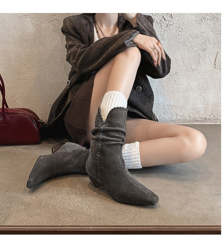 Karin Luna Small Square Toe Retro Ruched Pile Short Boots