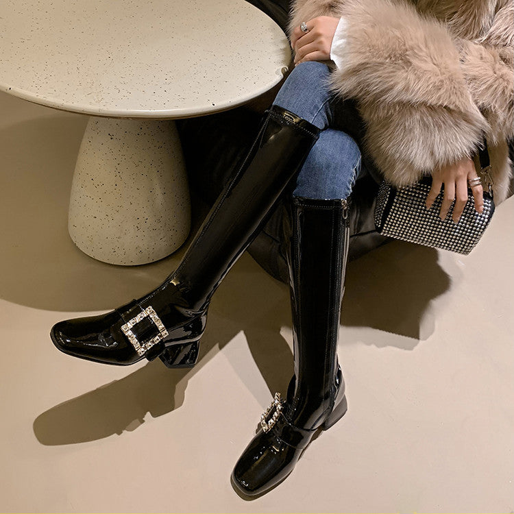 Karin Luna Elegant Style Ultra Slimming Rhinestone Chunky Heel British Style Riding Boots Long Boots