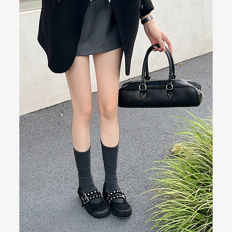 Karin Luna Hot Item Hot Item Punk Style One-Strap Round-Toe Suede Leather Height-Increasing Flats
