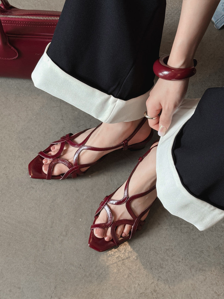 Karin Luna French Hollow Style Small Square Toe Chunky Heel Sandals