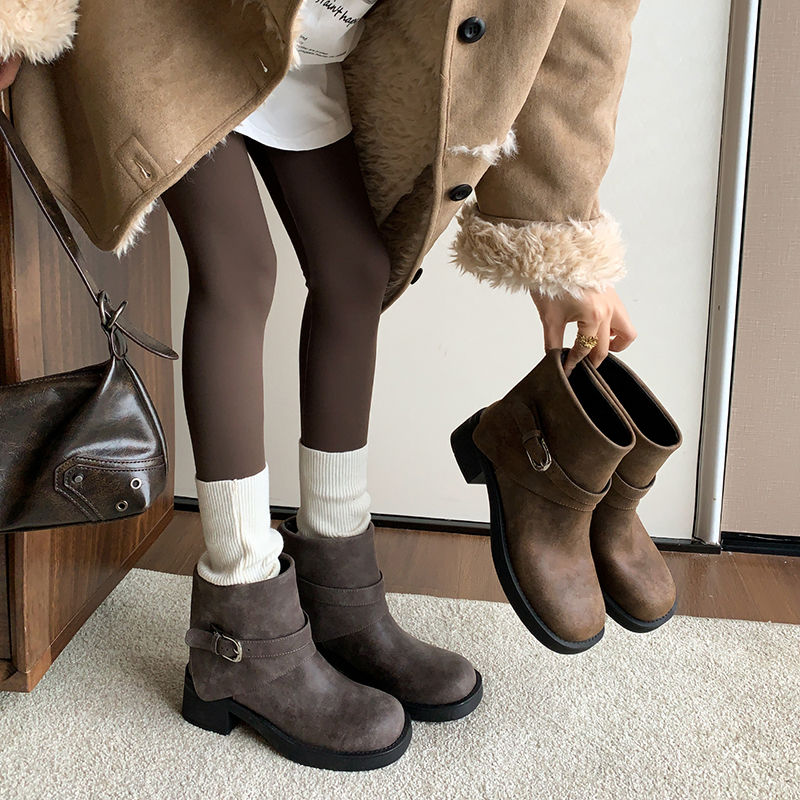 Karin Luna In Stock Spot Goods Versatile Basic Round Toe Belt Buckle Thick Sole Tube Boots