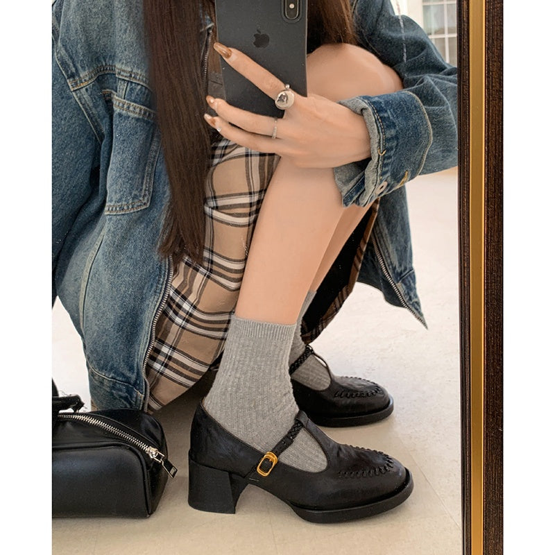 Karin Luna In Stock Spot Goods Vintage Braided Twist High Heels T Round Toe Thick Sole Single Shoes