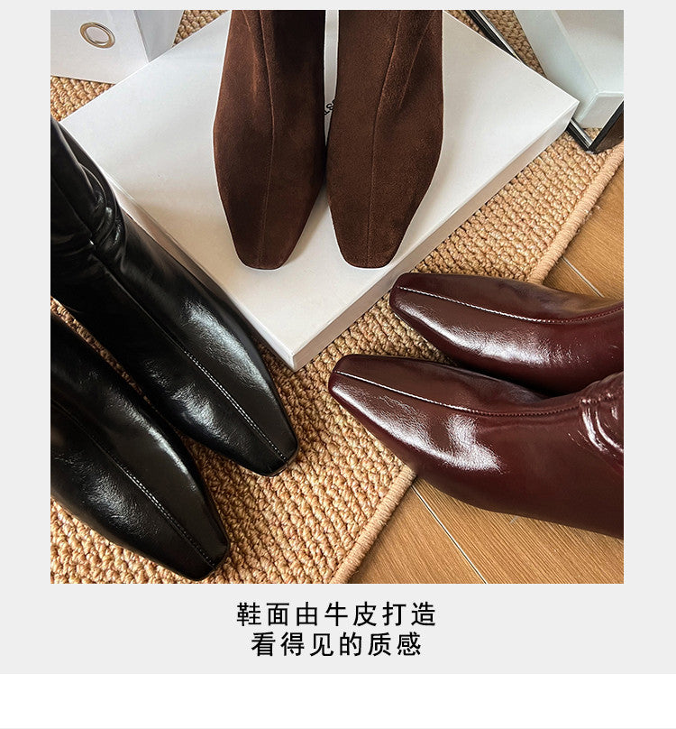 Karin Luna In Stock Spot Goods  Retro Wrinkled Small Square Toe Short Boots