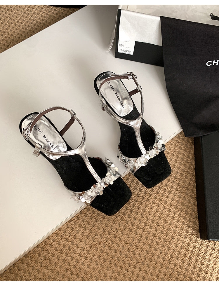 Karin Luna Hot-Selling Sequin Floral Series ~  Square Toe Irregular Heel Square Toe Sandals