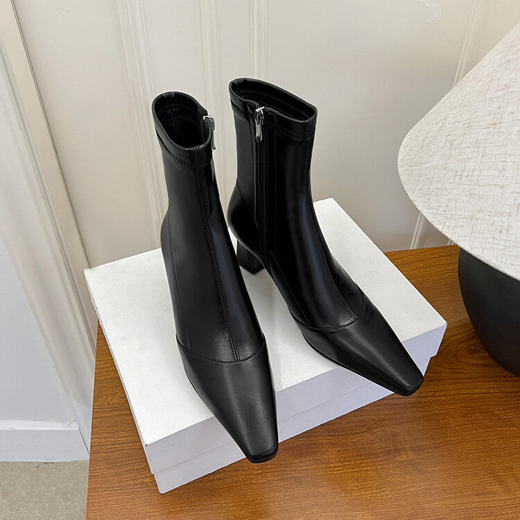 Karin Luna Elegant Small Square Toe Chunky Heel Slim Boots