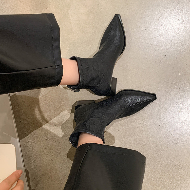 Karin Luna Elegant Style Pointed Toe Chunky Heel Short Boots
