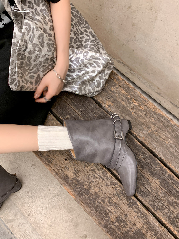 Karin Luna Data Hot Item Square Toe Hidden Wedge Belt Buckle Suede Ankle Boots