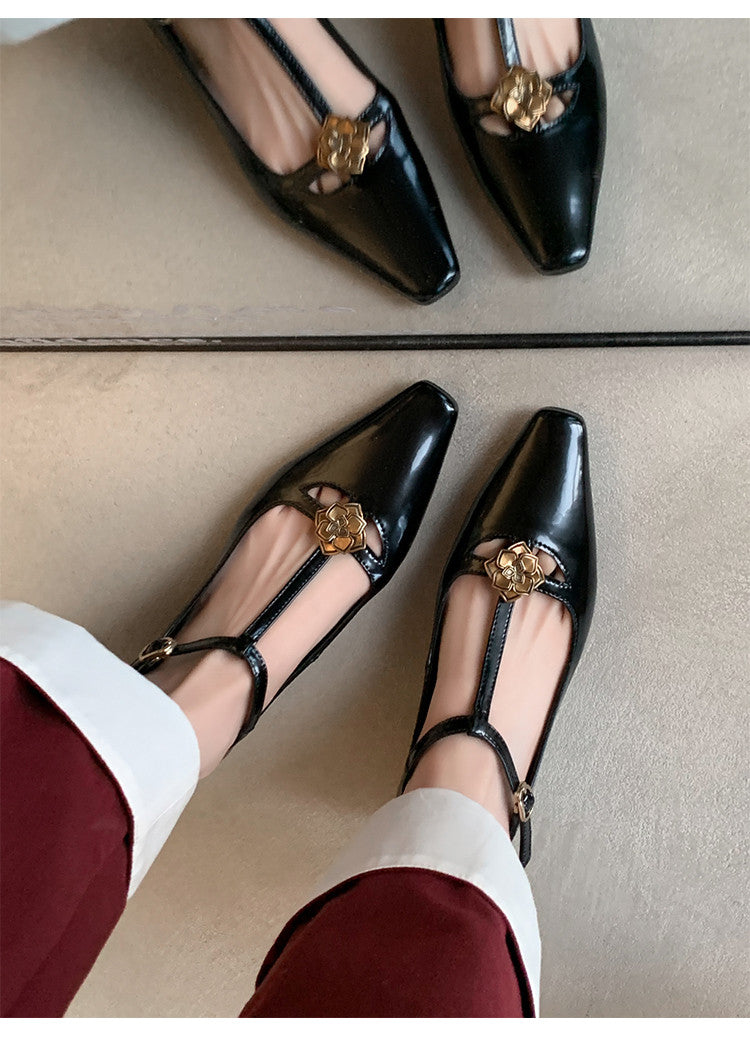 Karin Luna In Stock Spot Goods    Retro Classic Metal Camellia Irregular Heel Single Shoes