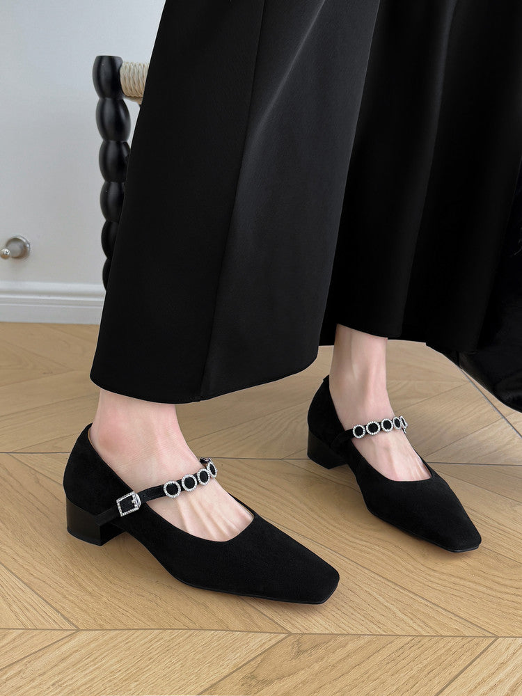 Karin Luna In Stock Spot Goods  Vintage Full Leather Square Toe Rhinestone Strap Shallow Mouth Single Shoes