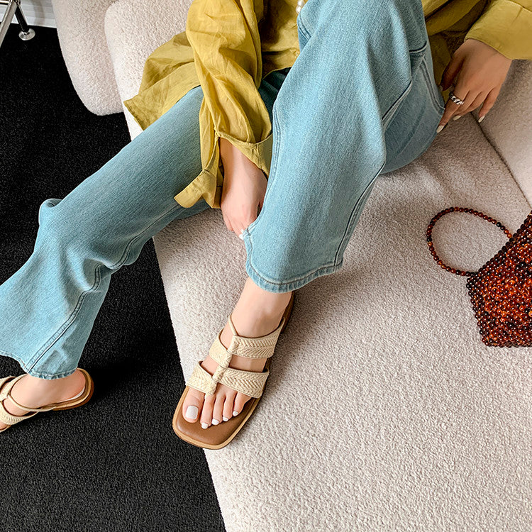 Karin Luna In Stock Spot Goods  Popular Element Woven Style Square Toe Thong Sandals