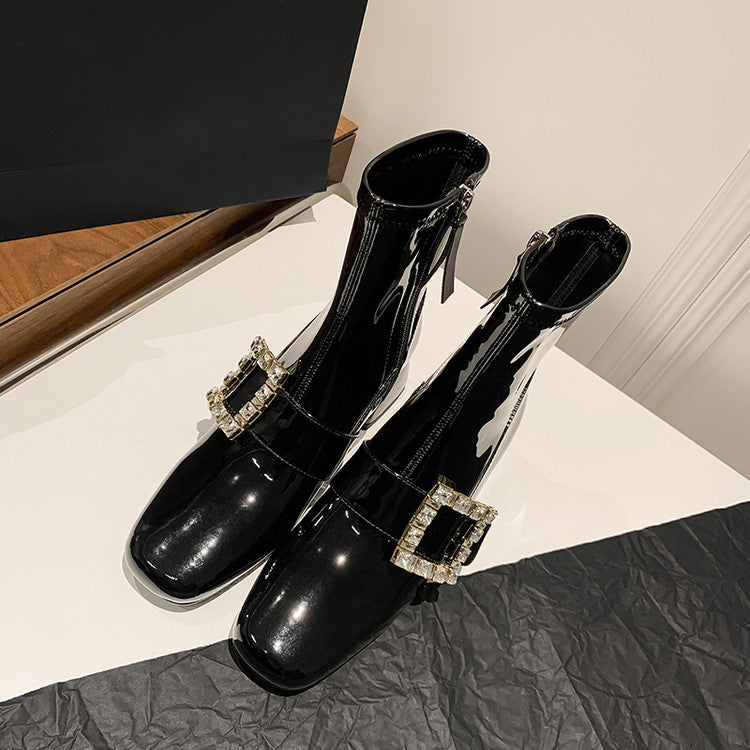 Karin Luna Elegant Style Ultra Slimming Rhinestone Chunky Heel British Style Riding Boots Long Boots