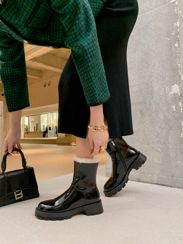 Karin Luna In Stock  Best-selling in stock Thickened Fleece Cow Patent Leather Hot-Selling Flat Short Boots