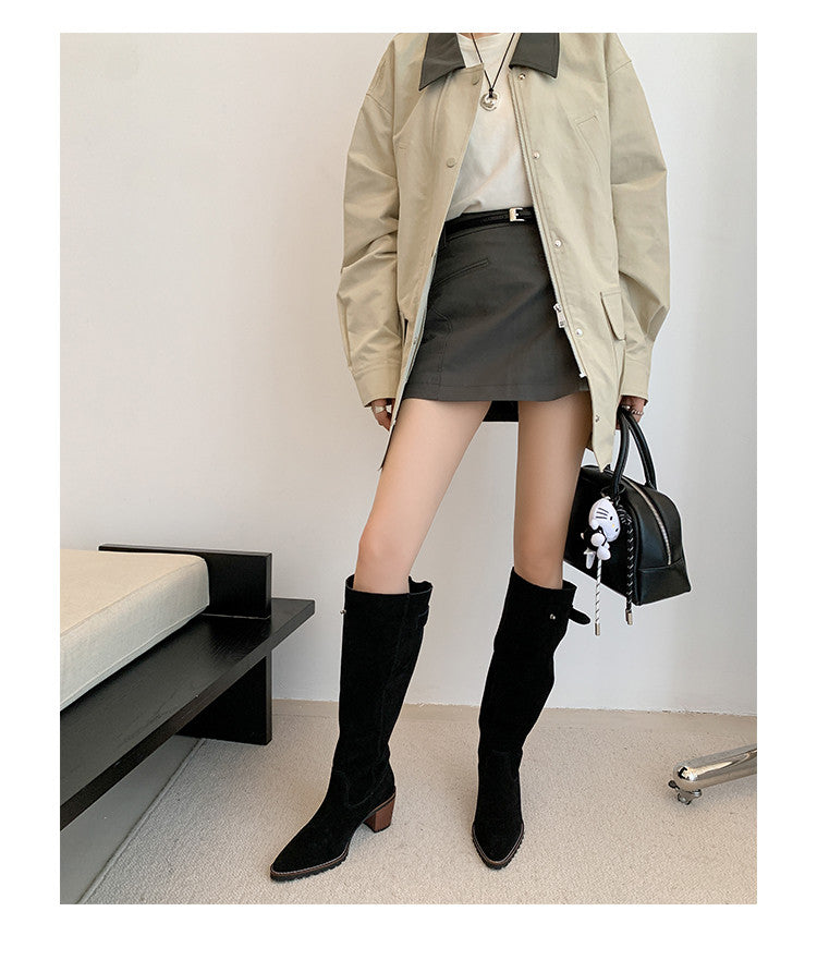Karin Luna In Stock Spot Goods Retro Cowhide Leather Chunky Heel Suede Long Boots