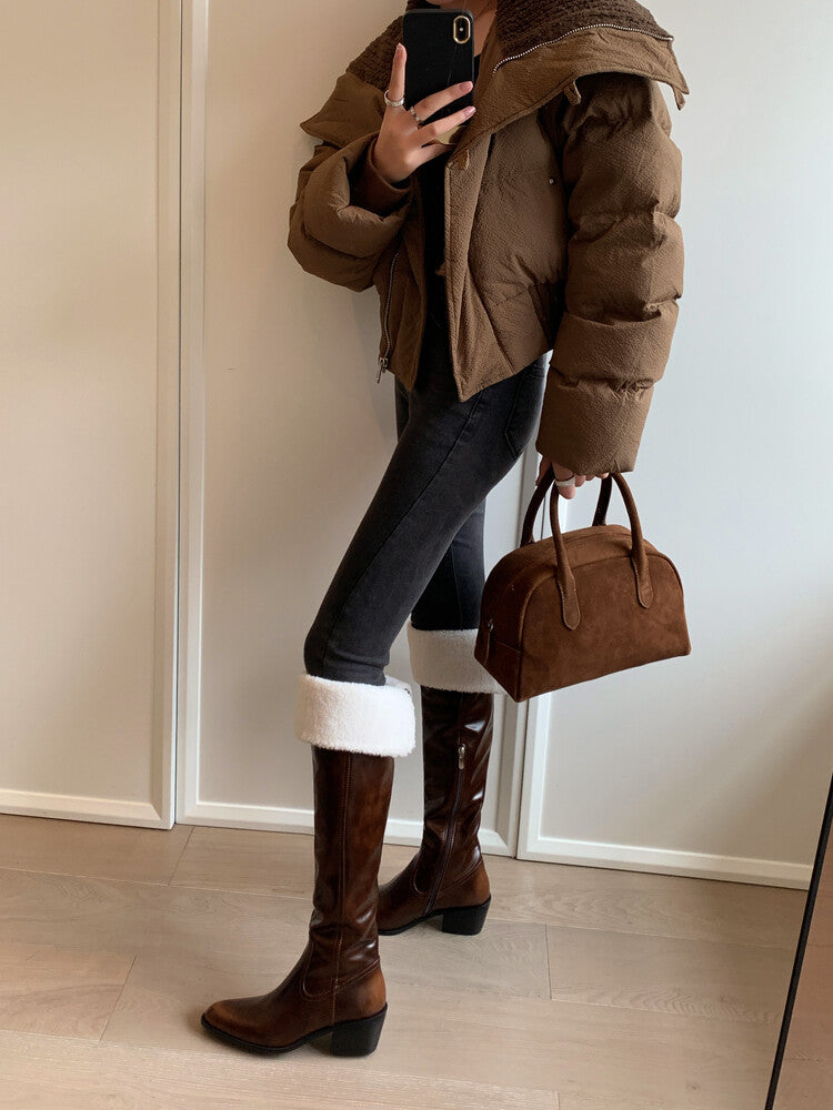 Karin Luna exploded  Three versions exploded Single Fleece Lining Fur Collar Version  Thick Fur Collar Foldable Hot-Selling Full Cowhide Pointed Toe Chunky Heel Classic Style
