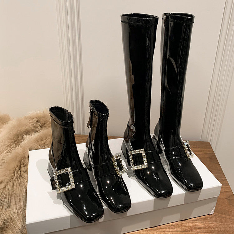 Karin Luna Elegant Style Ultra Slimming Rhinestone Chunky Heel British Style Riding Boots Long Boots