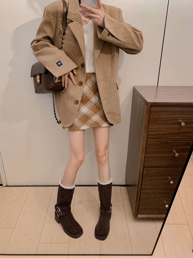 Karin Luna Genuine Lamb Wool and Cowhide Leather Hot-selling Metal Buckle Round Toe Chunky Heel Main Push Main Push