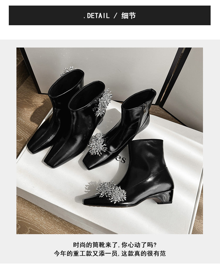 Karin Luna Elegant Style Square Toe Flower Design Height Increasing Short Boots with Two Front and Back Options