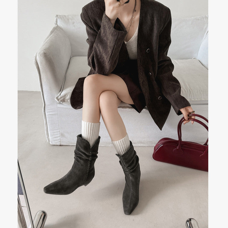 Karin Luna Elegant Style Small Square Toe Pleated Short Boots