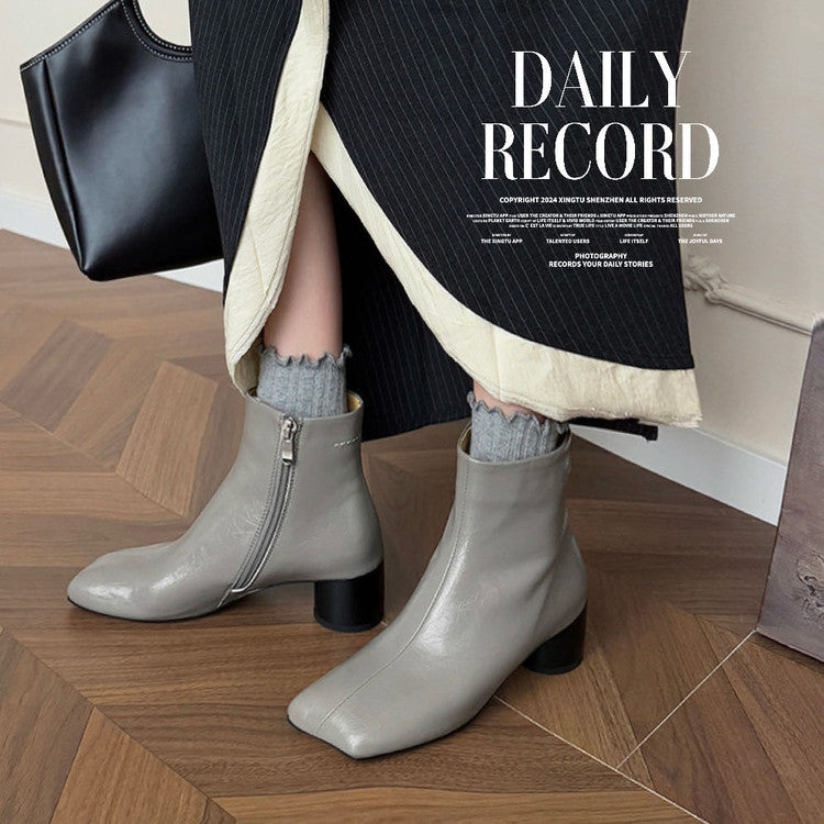 Karin Luna French Style Square Toe Chunky Heel Ankle Boots