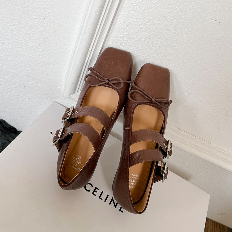 Karin Luna In Stock Spot Goods Sweet Bowknot Square Toe Hidden Wedge Strap Buckle Single Shoes
