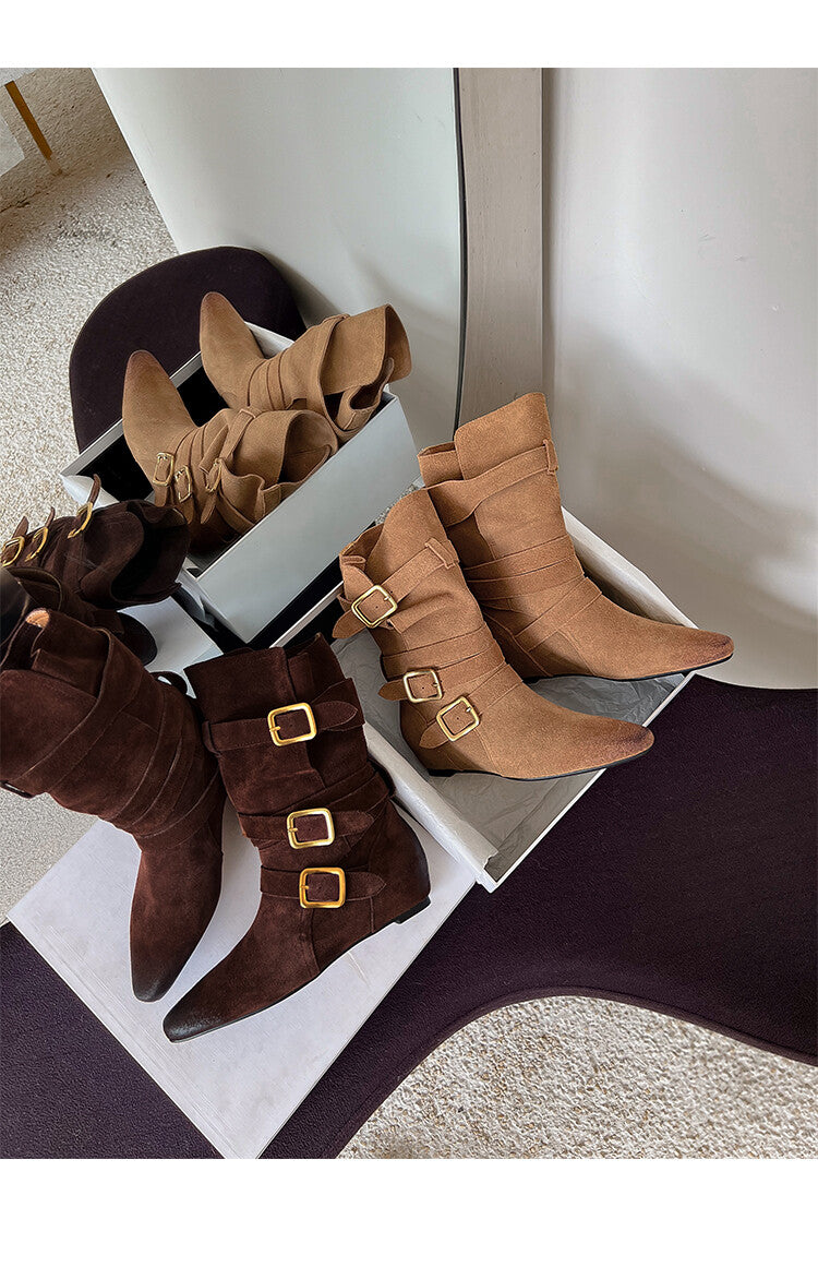 Karin Luna Cow Leather Small Square Toe Belt Buckle Fashion Boots