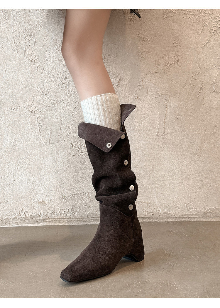 Karin Luna Bestseller Hot-Selling Hidden Buckle Lazy Style Square-Toe Height-Increasing Suede Western Boots