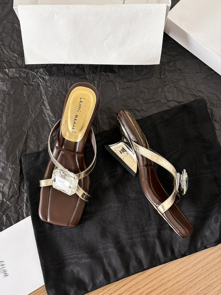 Karin Luna In Stock Spot Goods Rhinestone Square Toe Irregular Heel Slippers