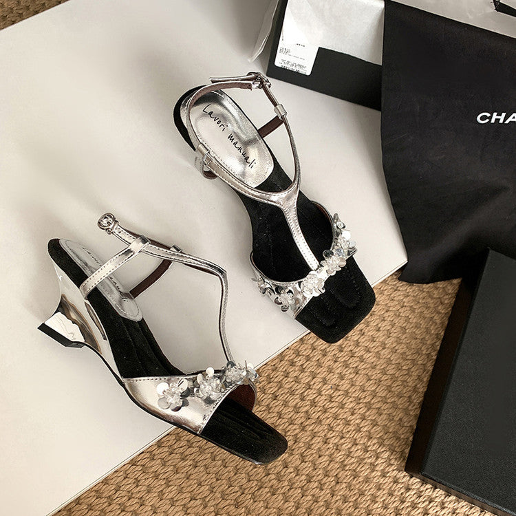 Karin Luna Hot-Selling Sequin Floral Series ~  Square Toe Irregular Heel Square Toe Sandals