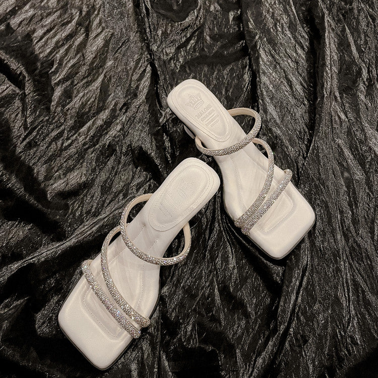 Karin Luna In Stock Spot Goods  Minimalist Versatile Square Toe Rhinestone Strap Open-Toe Sandals