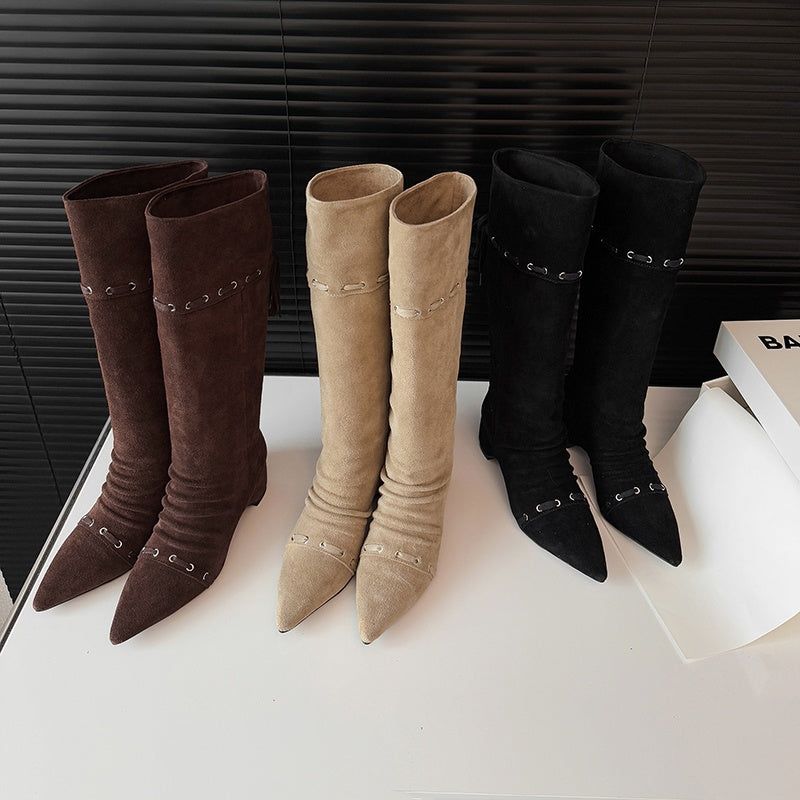 Karin Luna Elegant Style  Pointed Toe Pleated Hidden Wedge Western Boots