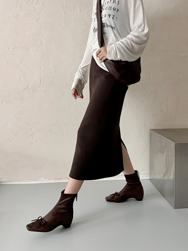 Karin Luna French Style Square Toe Bowknot Hidden Wedge Slim Boots