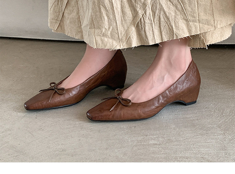Karin Luna Full Layer Inside and Out~Basic Versatile Small Square Toe Butterfly Knot Irregular Heel Single Shoes