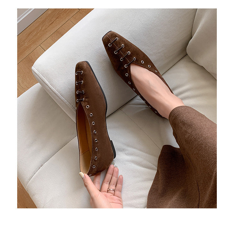 Karin Luna In Stock Spot Goods    Old Money Style Square Toe Suede Flats