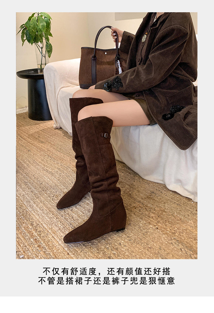Karin Luna In Stock Spot Goods Vintage Cowhide Leather Two-Way Wear Pointed Toe Height-Increasing Long Boots