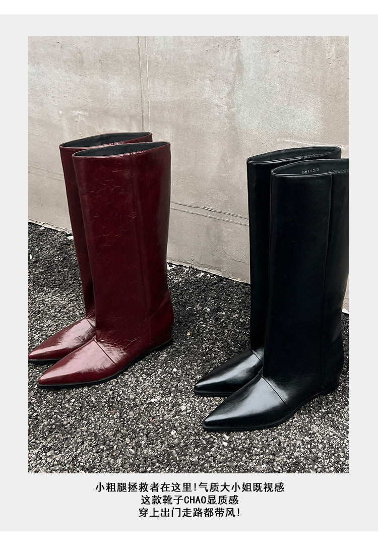 Karin Luna Elegant Style Pointed Toe Internal Height Increase Slip-On Long Boots