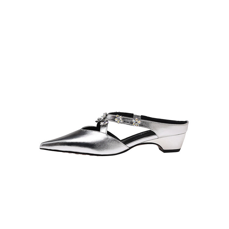 Karin Luna Elegant Pointed Toe Rhinestone Flower High Heel Mules