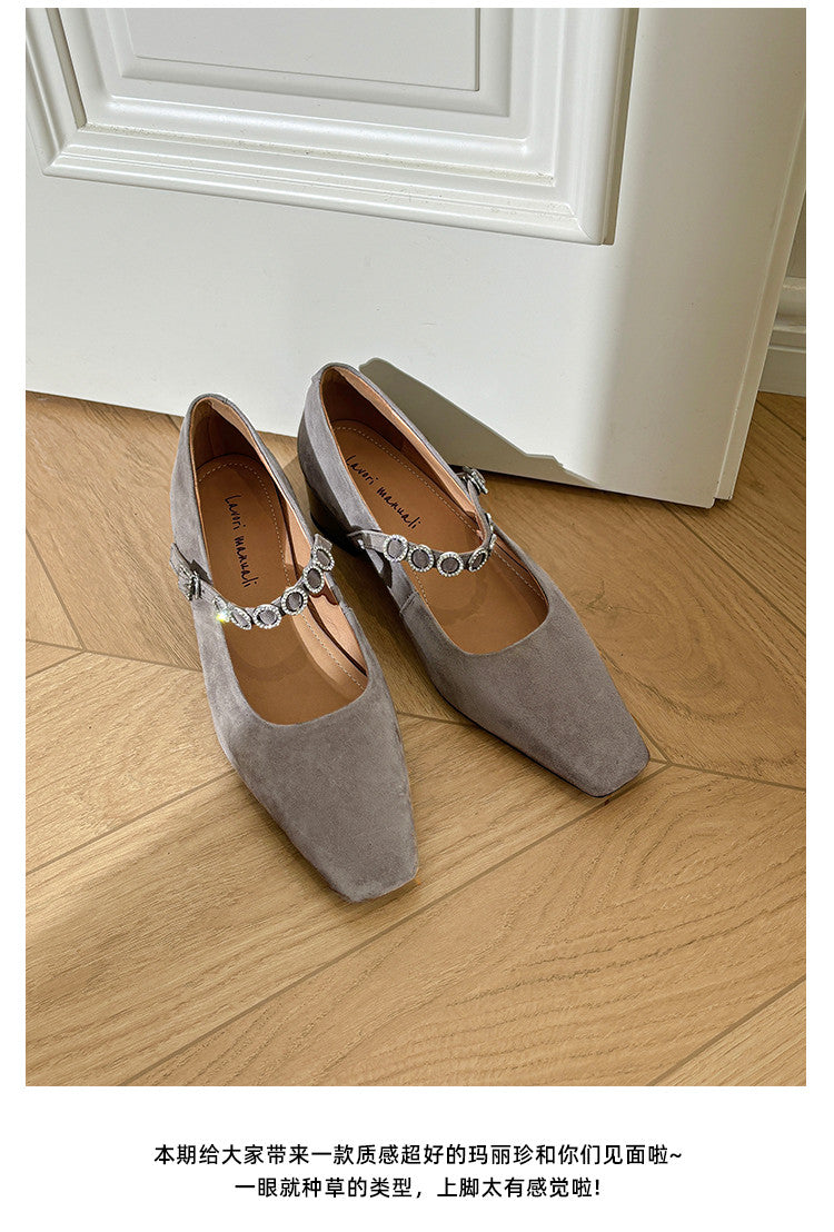 Karin Luna In Stock Spot Goods  Vintage Full Leather Square Toe Rhinestone Strap Shallow Mouth Single Shoes